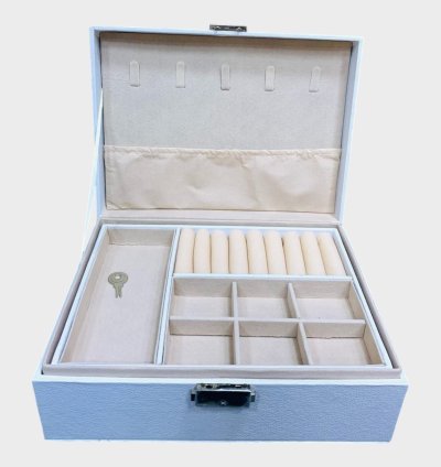 صندوق مجوهرات أنيق - علبة تخزين بلمسة مخملية وفواصل منظمة - أبيض