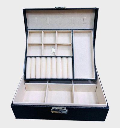 صندوق مجوهرات أنيق - علبة تخزين بلمسة مخملية وفواصل منظمة -أسود